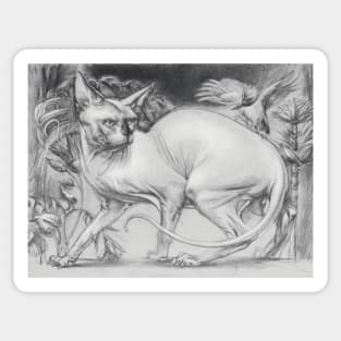 Realistic Sphinx Cat Graphite Drawing in Lush Garden - Black and White Art Sticker